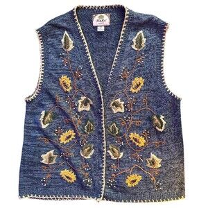 Tiara Women Sweater Vest 3XL Navy Floral Embroidered Vintage Cottagecore Cozy